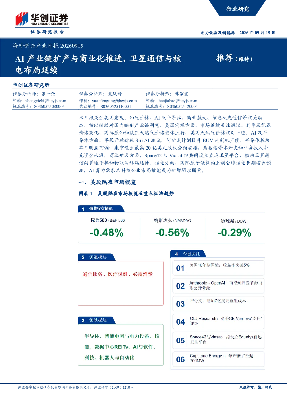 海外新兴产业日报20260915：AI产业链扩产与商业化推进，卫星通信与核电布局延续