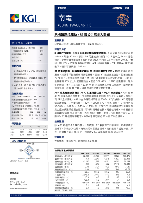 南電(8046.TW8046 TT) 记忆体需求驱动,BT载板供需步入紧绷