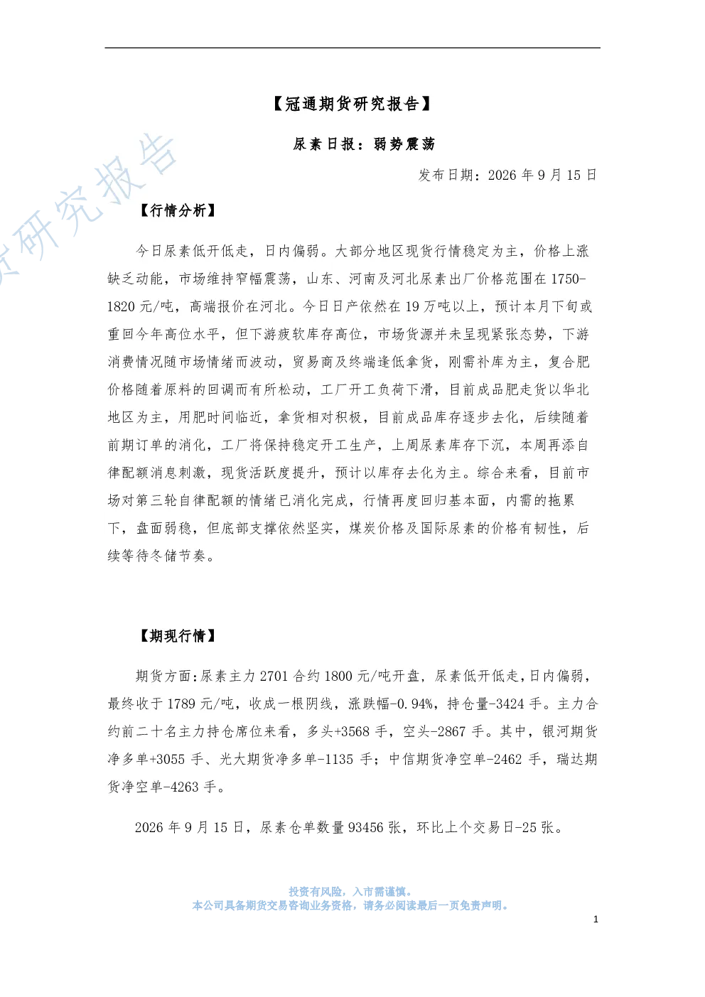 尿素日报：弱势震荡