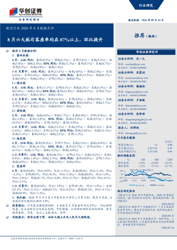 8月六大航司客座率均在87%以上，环比提升：航空行业2026年8月数据点评