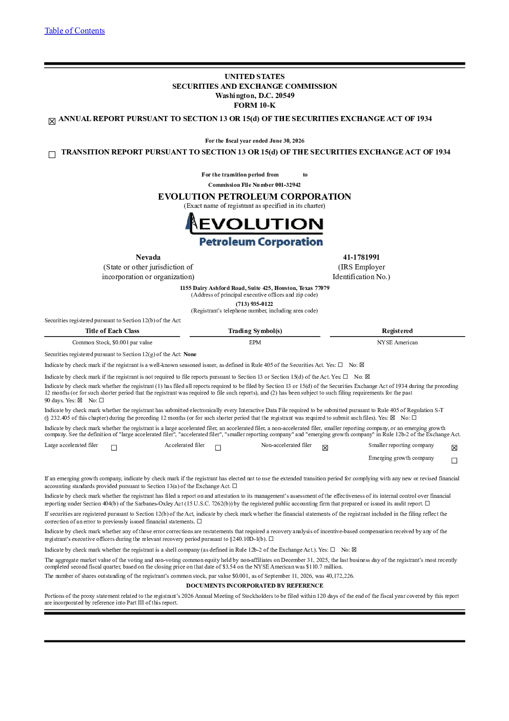 Evolution Petroleum Corp 2025年度报告