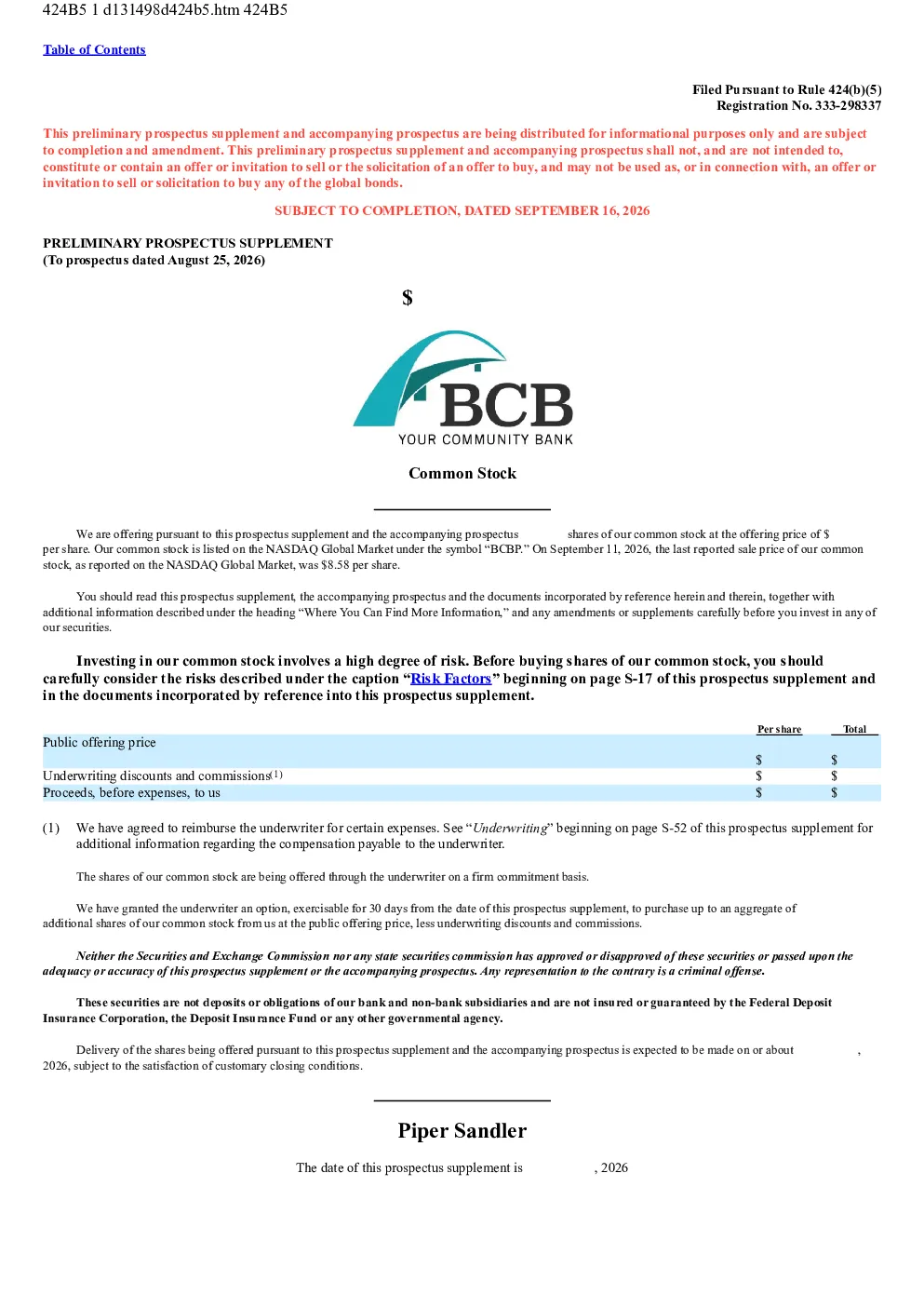 BCB银行美股招股说明书(2026-09-16版)