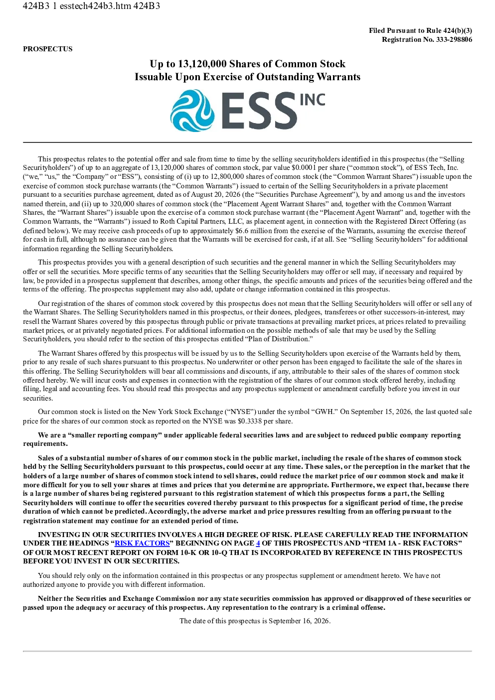 ESS Tech Inc美股招股说明书(2026-09-16版)