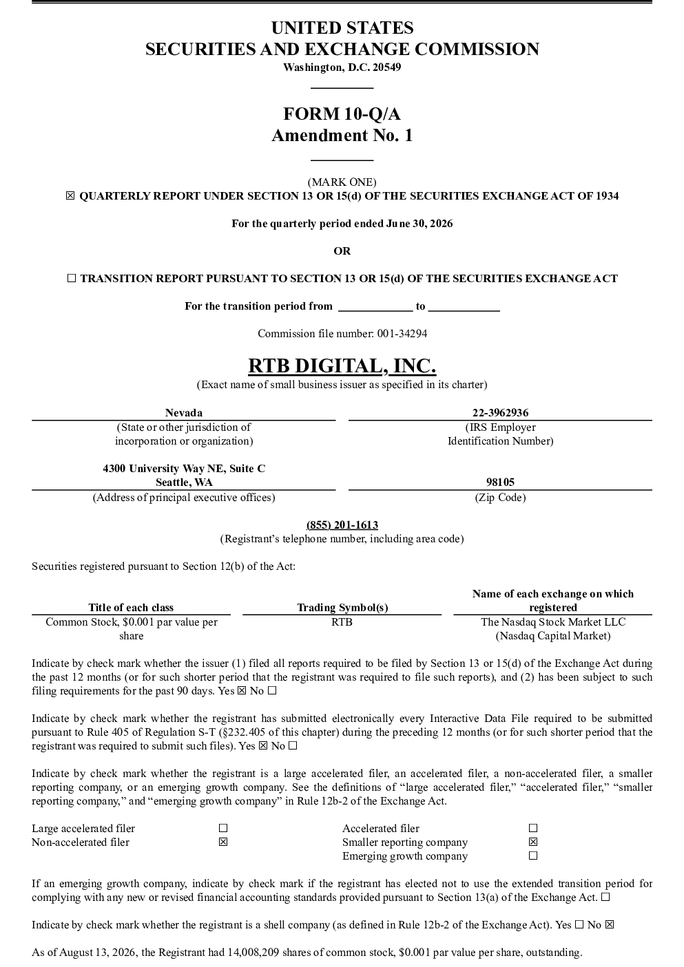 
RTB Digital Inc 2026年季度报告