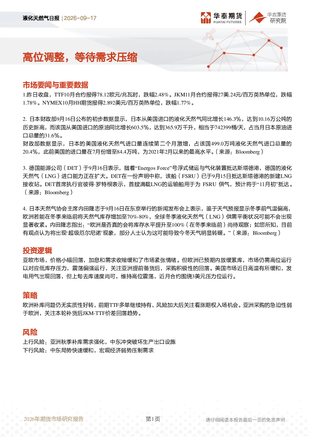 液化天然气日报：高位调整，等待需求压缩