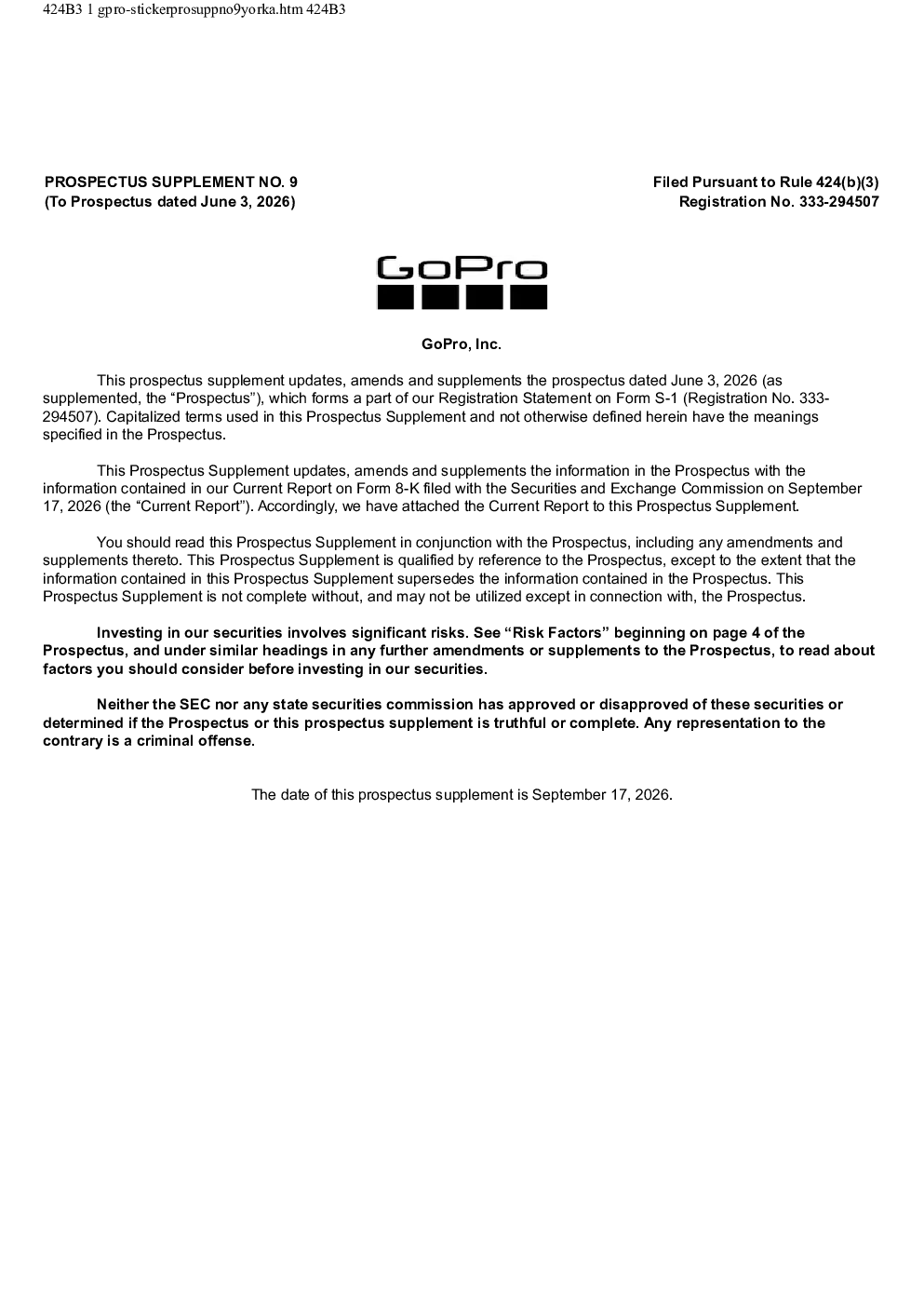 GoPro Inc-A美股招股说明书(2026-09-17版)