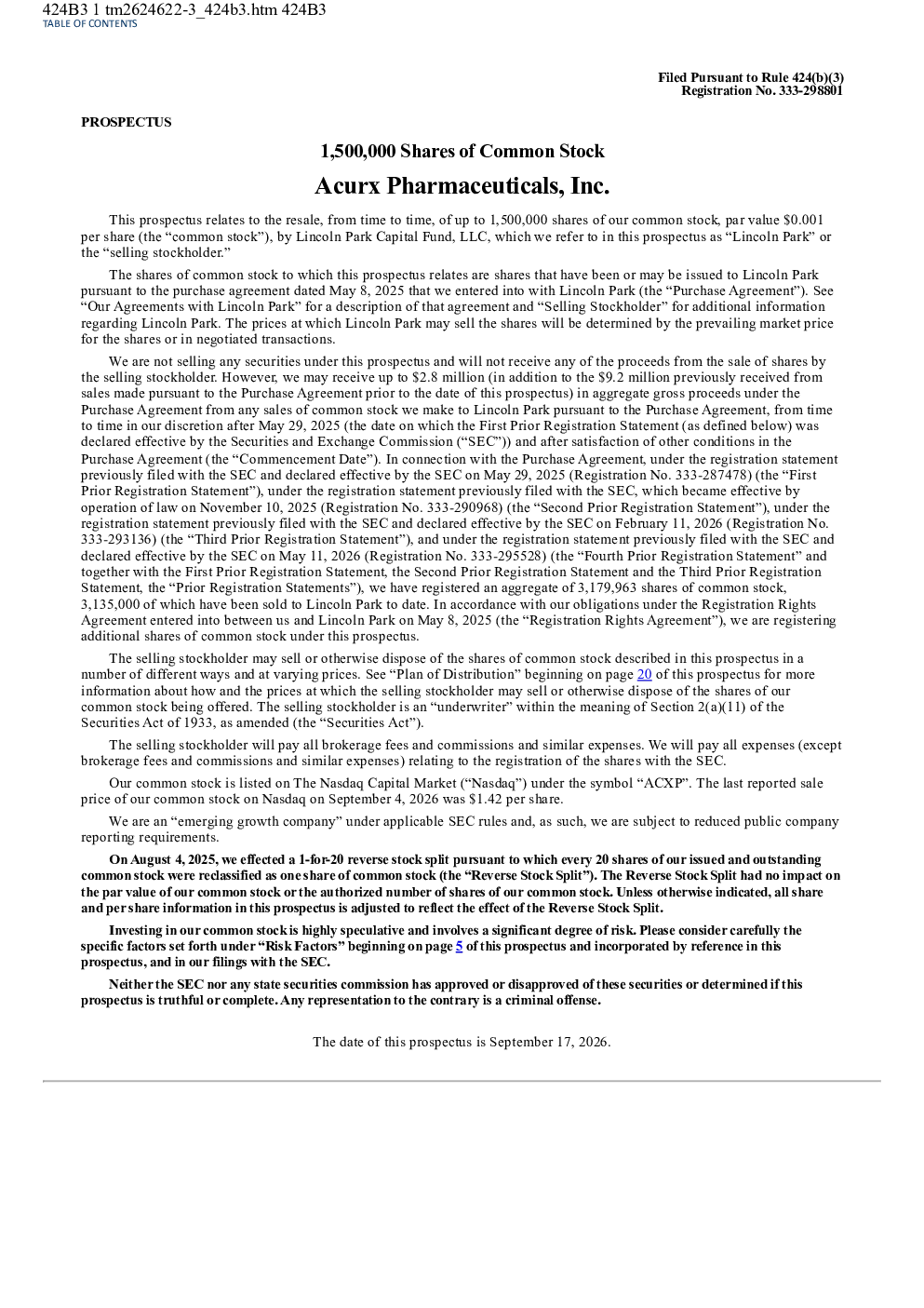 Acurx Pharmaceuticals Inc. 美股招股说明书（2026-09-17版）