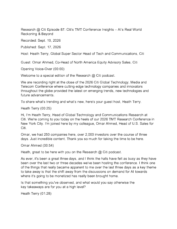 E87：花旗TMT会议见解：人工智能的现实世界计算及超越