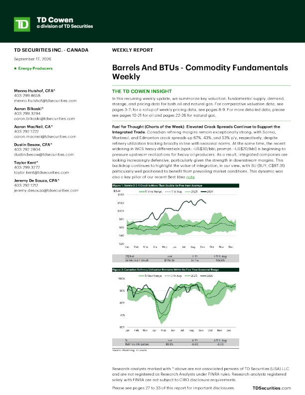 TD SECURITIES INC. - CANADA 能源生产商：原油与BTU大宗商品基本面周报