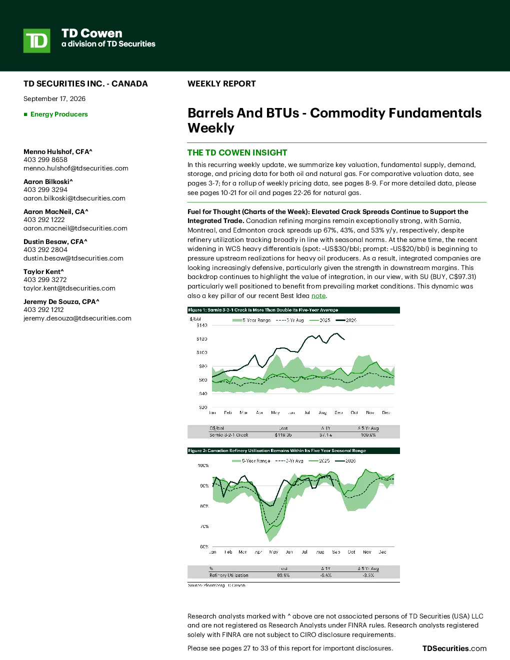 TD SECURITIES INC. - CANADA 能源生产商：原油与BTU大宗商品基本面周报