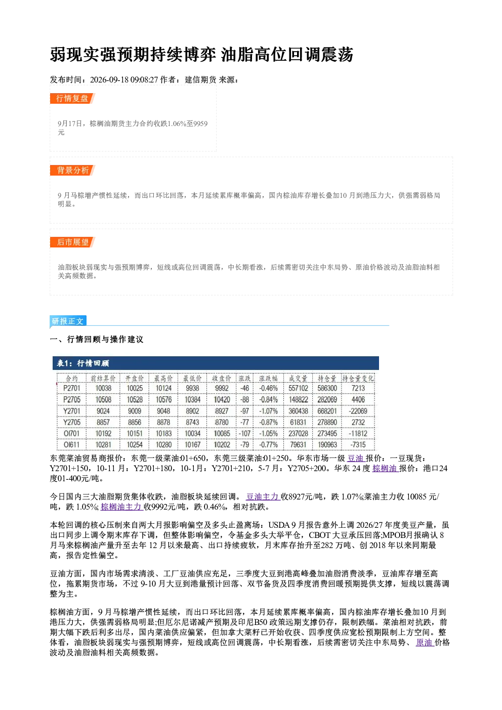 弱现实强预期持续博弈 油脂高位回调震荡