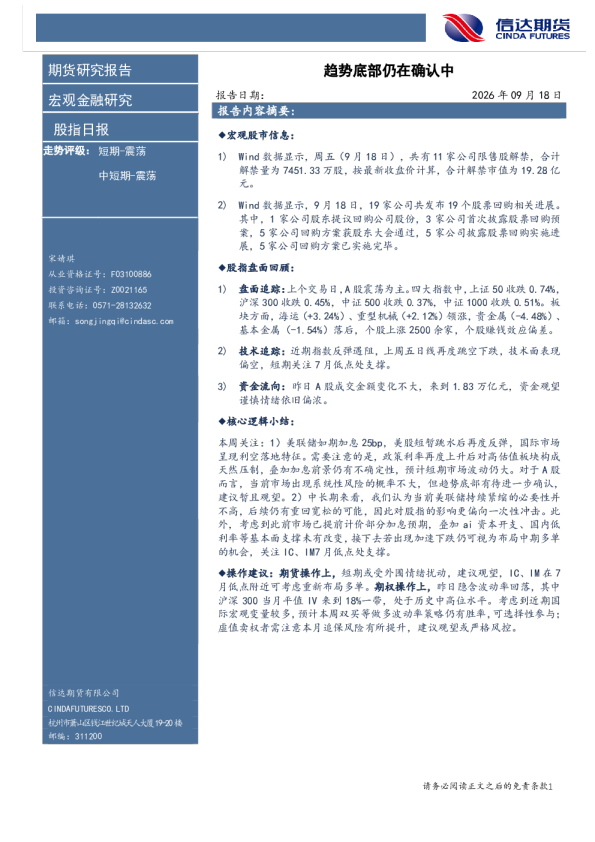 股指日报：趋势底部仍在确认中