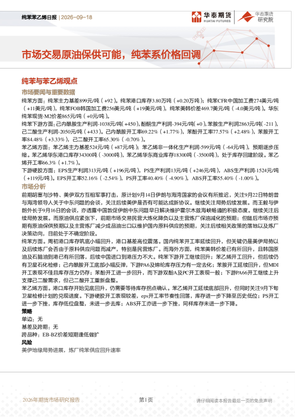 纯苯苯乙烯日报：市场交易原油保供可能，纯苯系价格回调