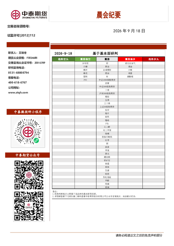 2026年9月18日中泰期货晨会纪要