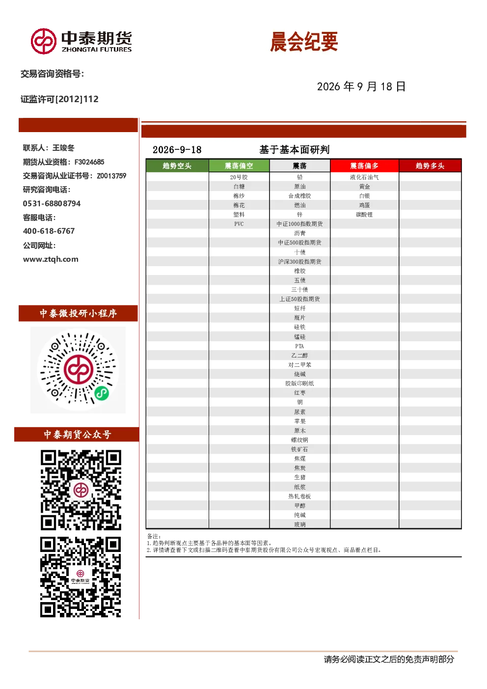 2026年9月18日中泰期货晨会纪要