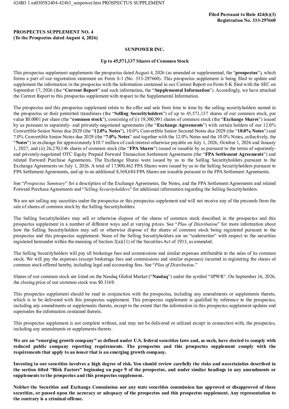SunPower Inc美股招股说明书(2026-09-18版)