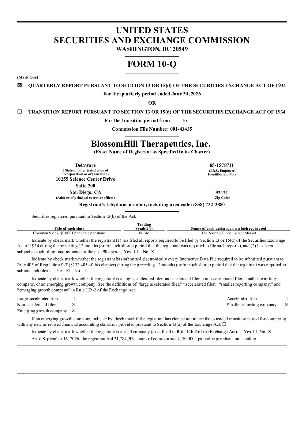 BlossomHill Therapeutics Inc 2026年季度报告