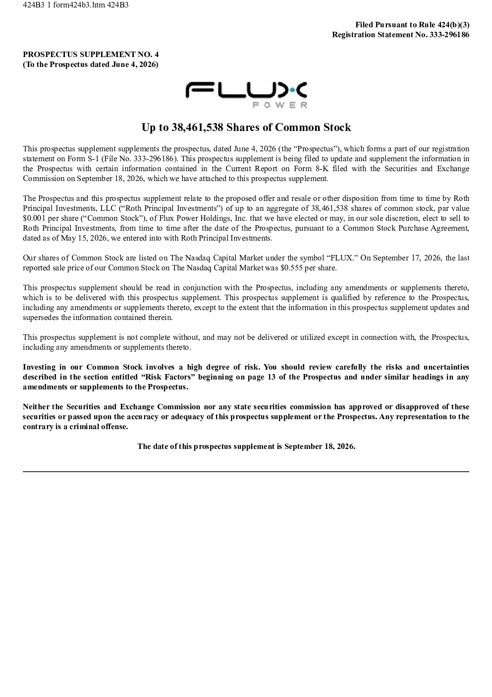 Flux Power Holdings Inc美股招股说明书(2026-09-18版)