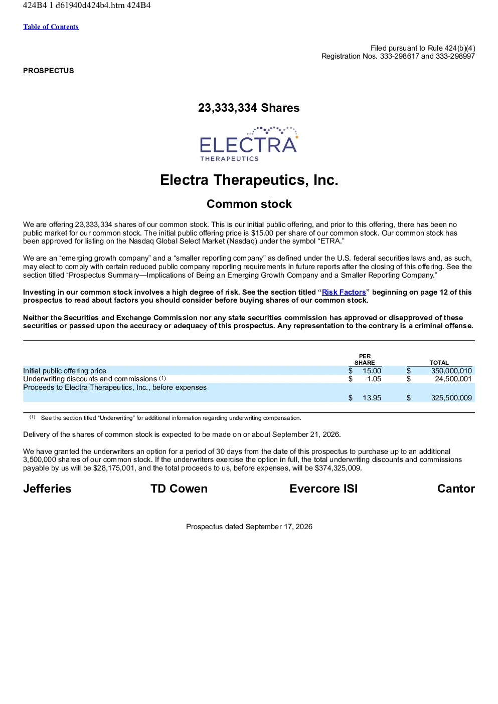 Electra Therapeutics Inc美股招股说明书(2026-09-18版)
