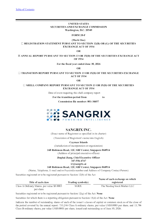 Sangrix Inc-A 2026年年度报告和过渡报告