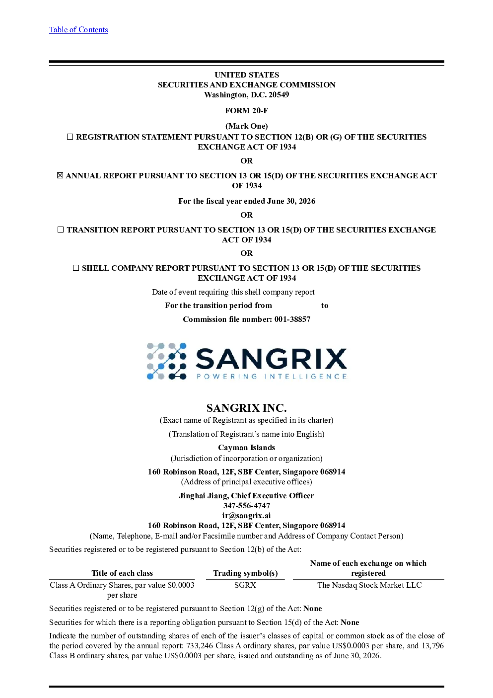 Sangrix Inc-A 2026年年度报告和过渡报告