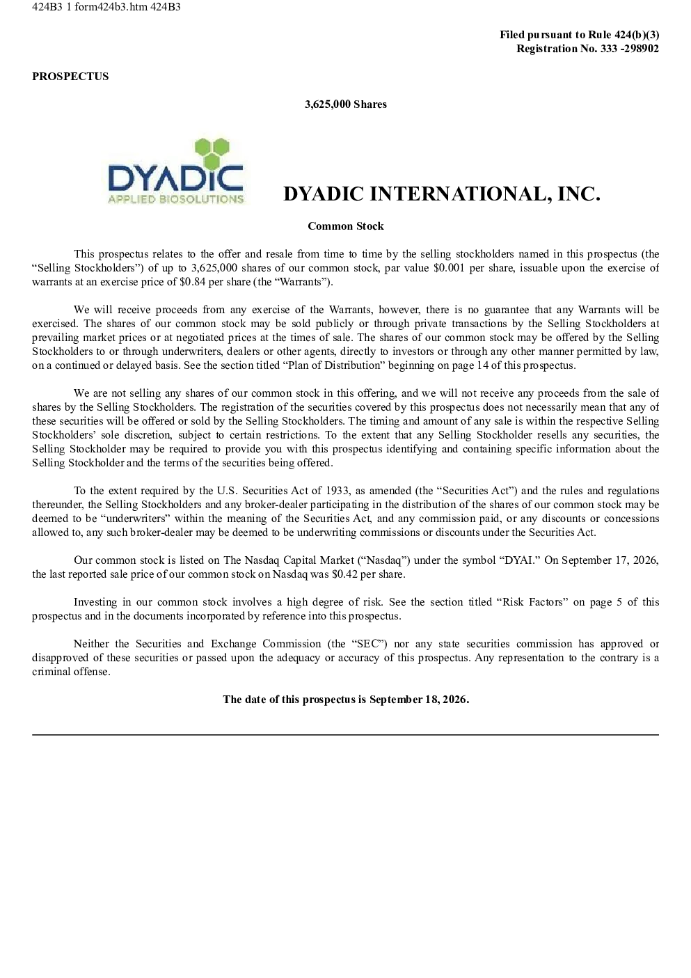 Dyadic International Inc美股招股说明书(2026-09-18版)