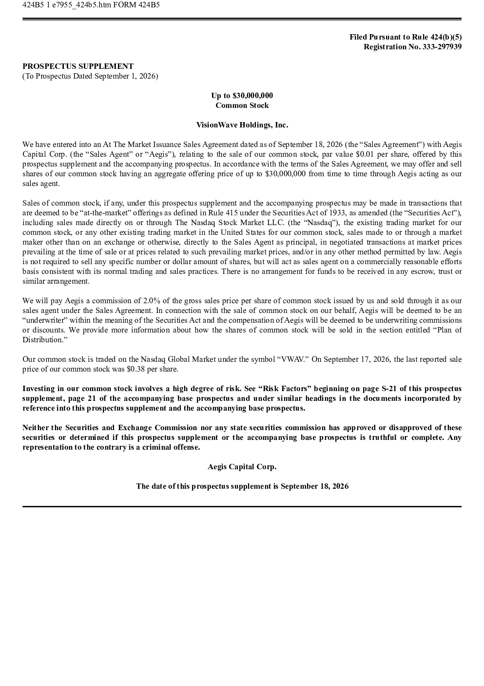 VisionWave Holdings Inc美股招股说明书(2026-09-18版)