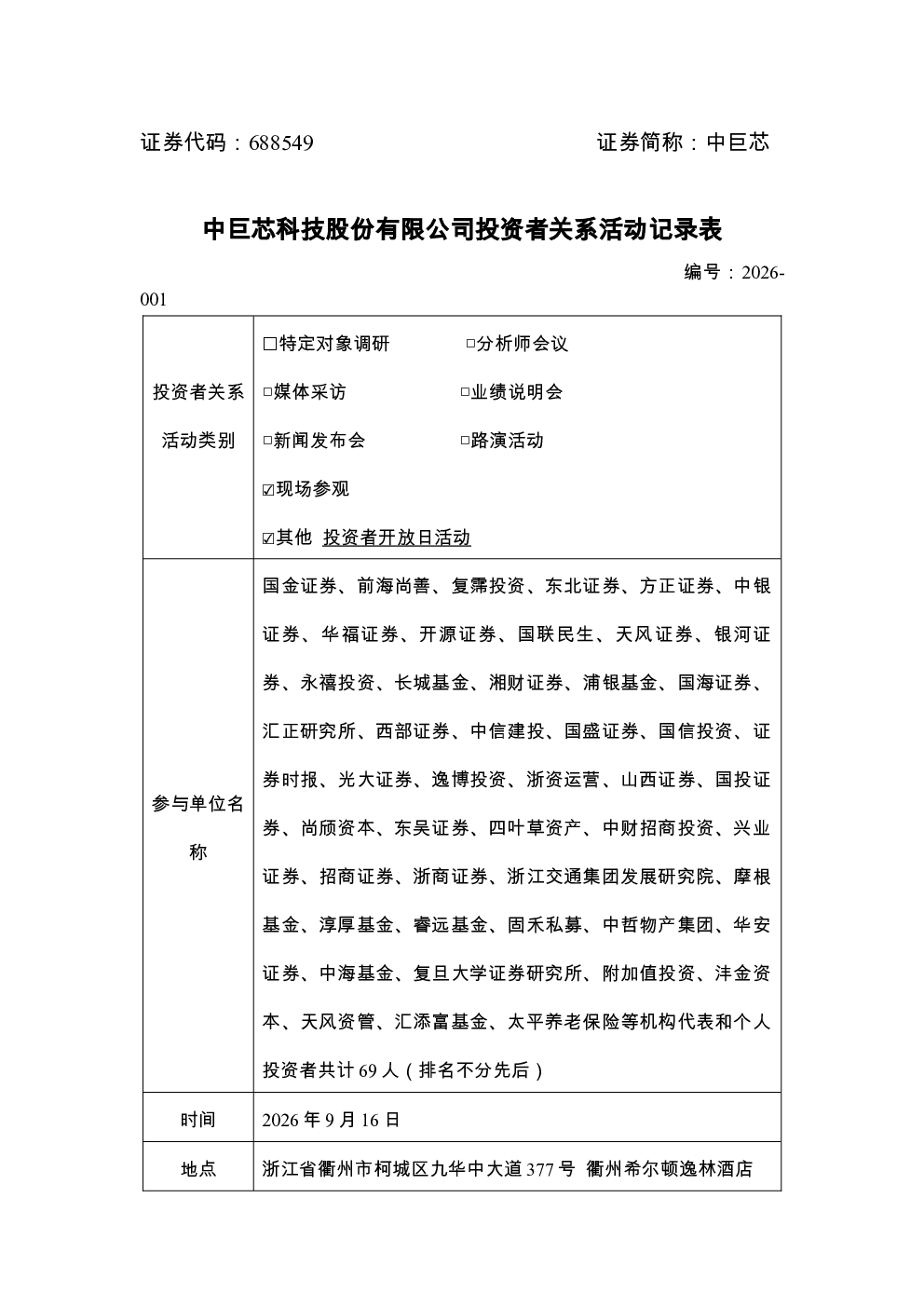 688549 中巨芯 投资者关系活动记录表