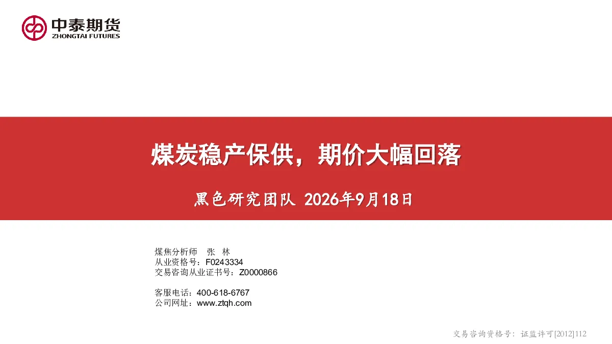 煤炭稳产保供，期价大幅回落