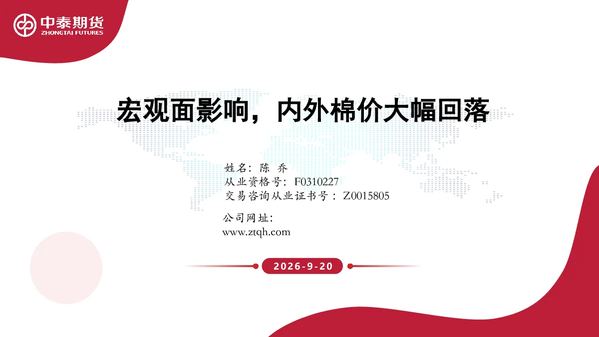 宏观面影响，内外棉价大幅回落