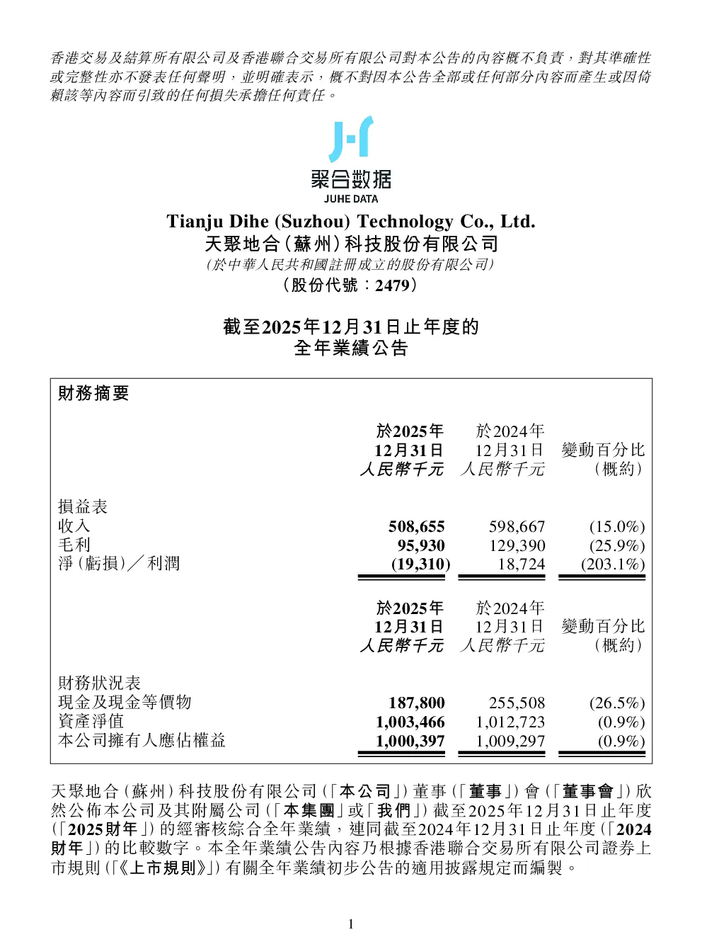 天聚地合：截至2025年12月31日止年度的全年业绩公告