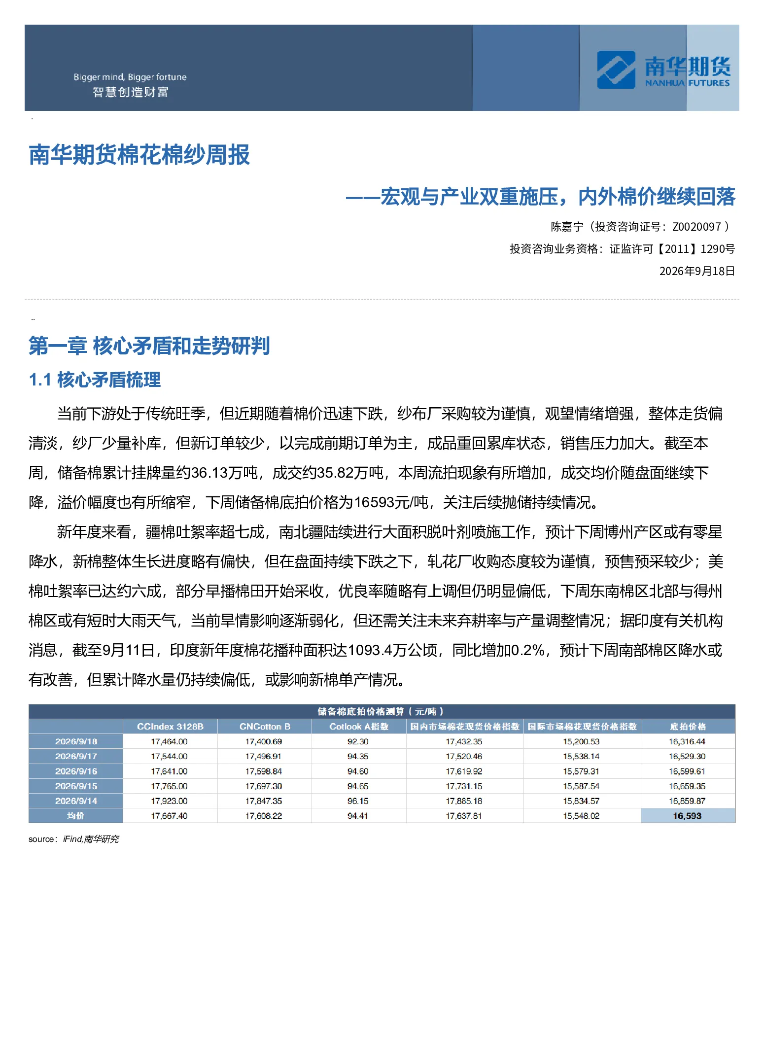 南华期货棉花棉纱周报：宏观与产业双重施压，内外棉价继续回落20260920