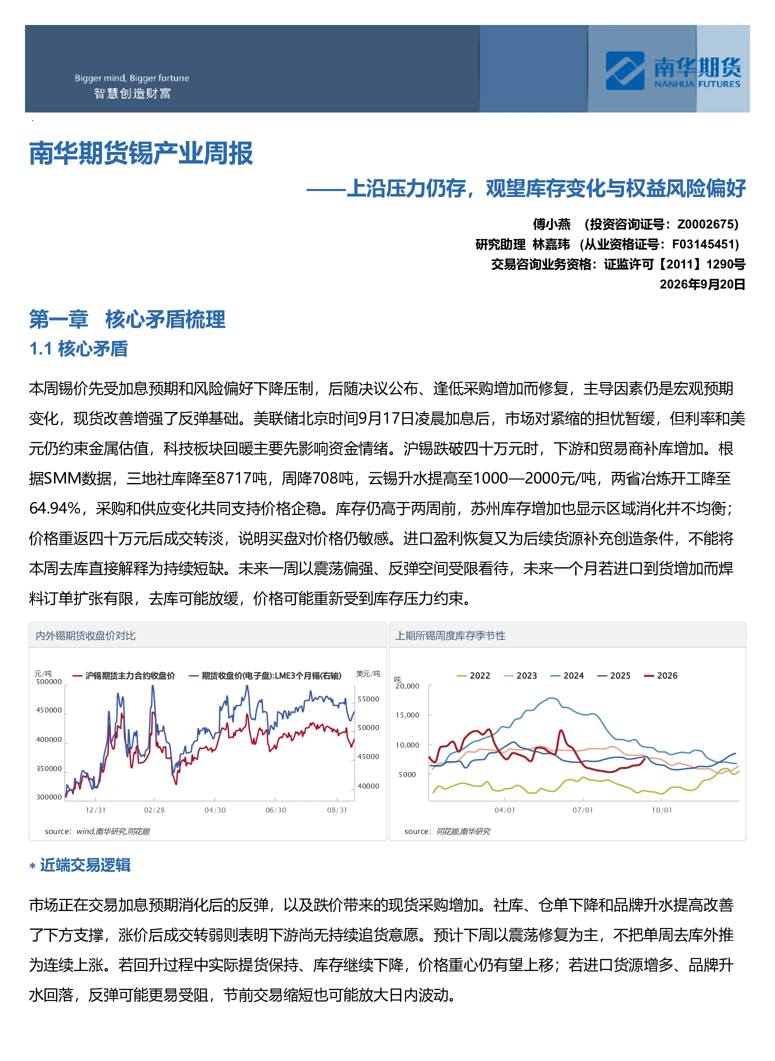 南华期货锡产业周报：上沿压力仍存，观望库存变化与权益风险偏好20260920