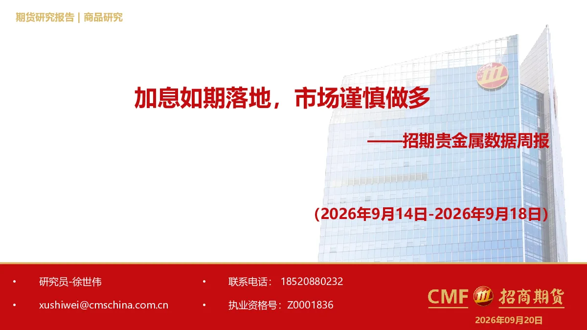 加息如期落地，市场谨慎做多——招期贵金属数据周报（2026年9月14日-2026年9月18日）