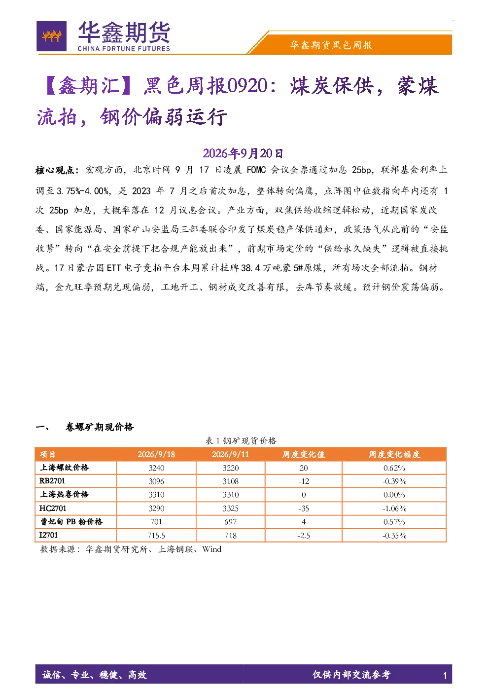 【鑫期汇】黑色周报：煤炭保供，蒙煤流拍，钢价偏弱运行