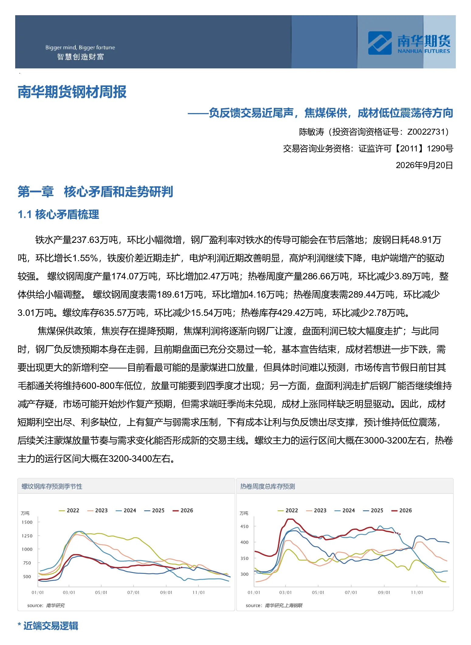 南华期货钢材产业周报：负反馈交易近尾声，焦煤保供落地，成材低位震荡待方向20260921