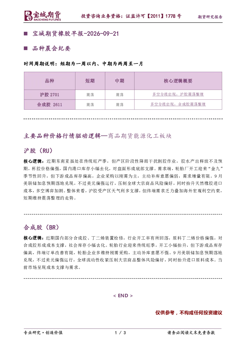 宝城期货橡胶早报-2026-09-21