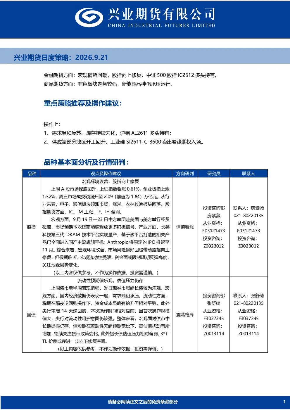 2026.9.21兴业期货日度策略