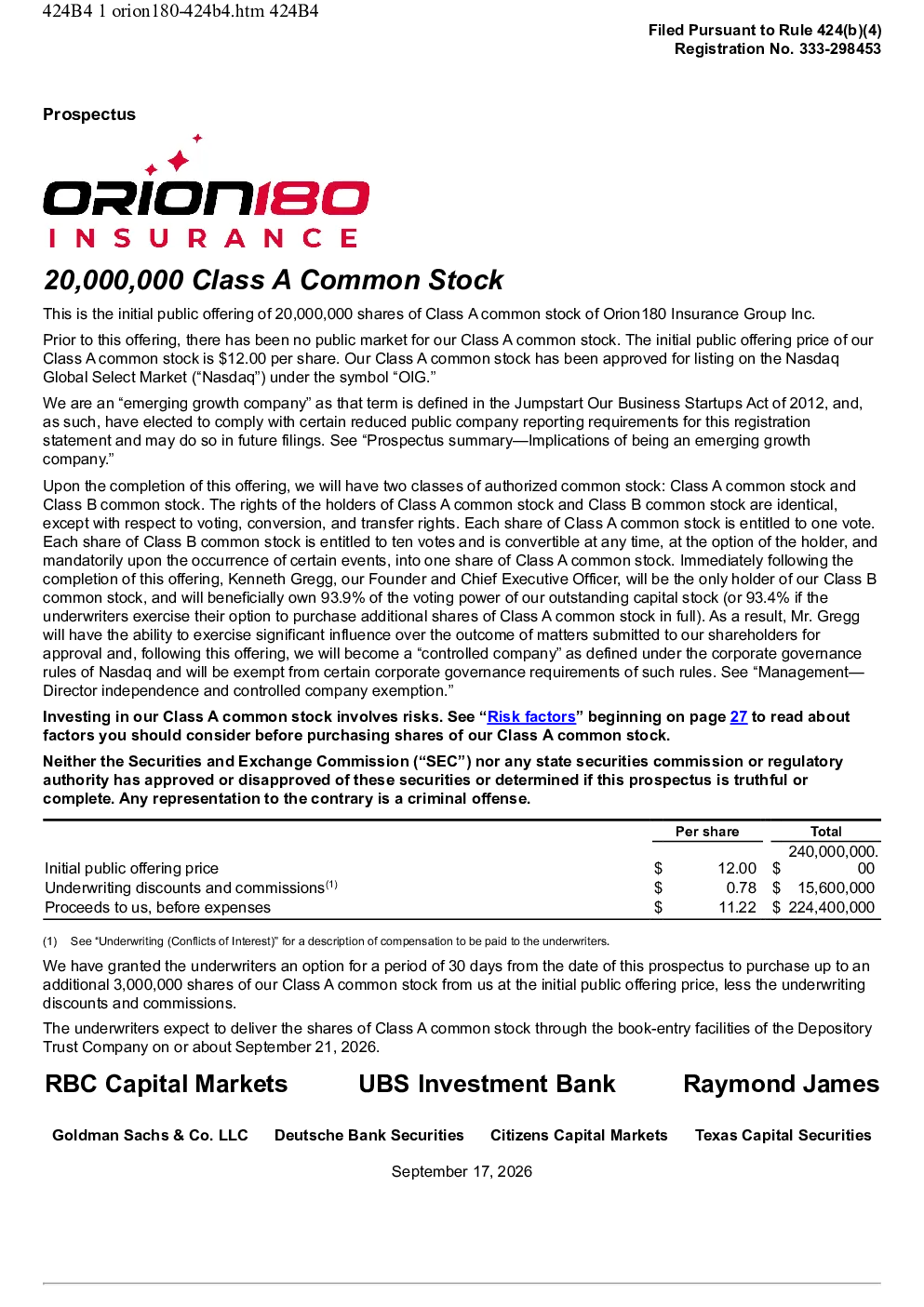 Orion180 Insurance Group Inc-A美股招股说明书(2026-09-21版)