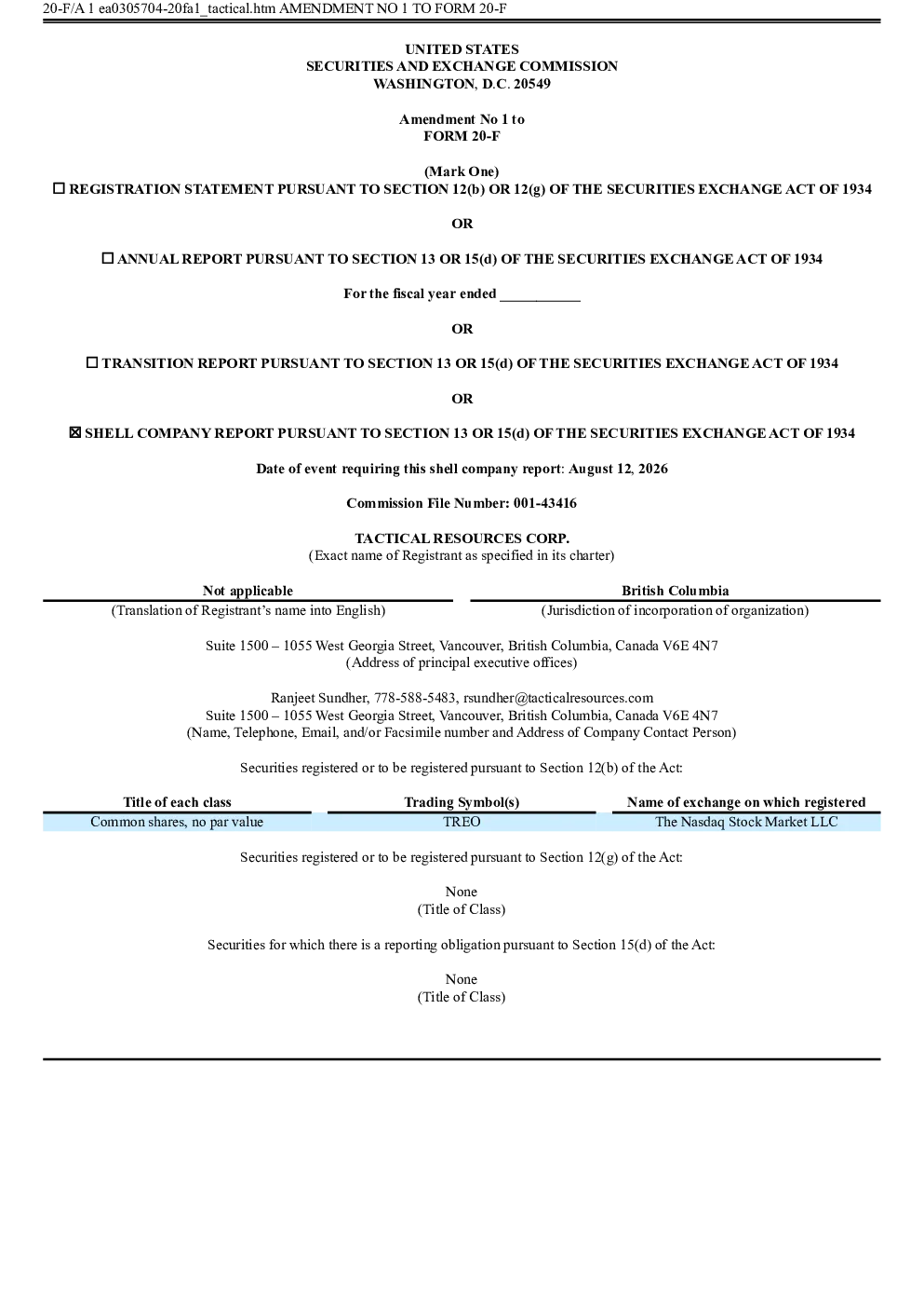 
战术资源公司2026年年度报告和过渡报告