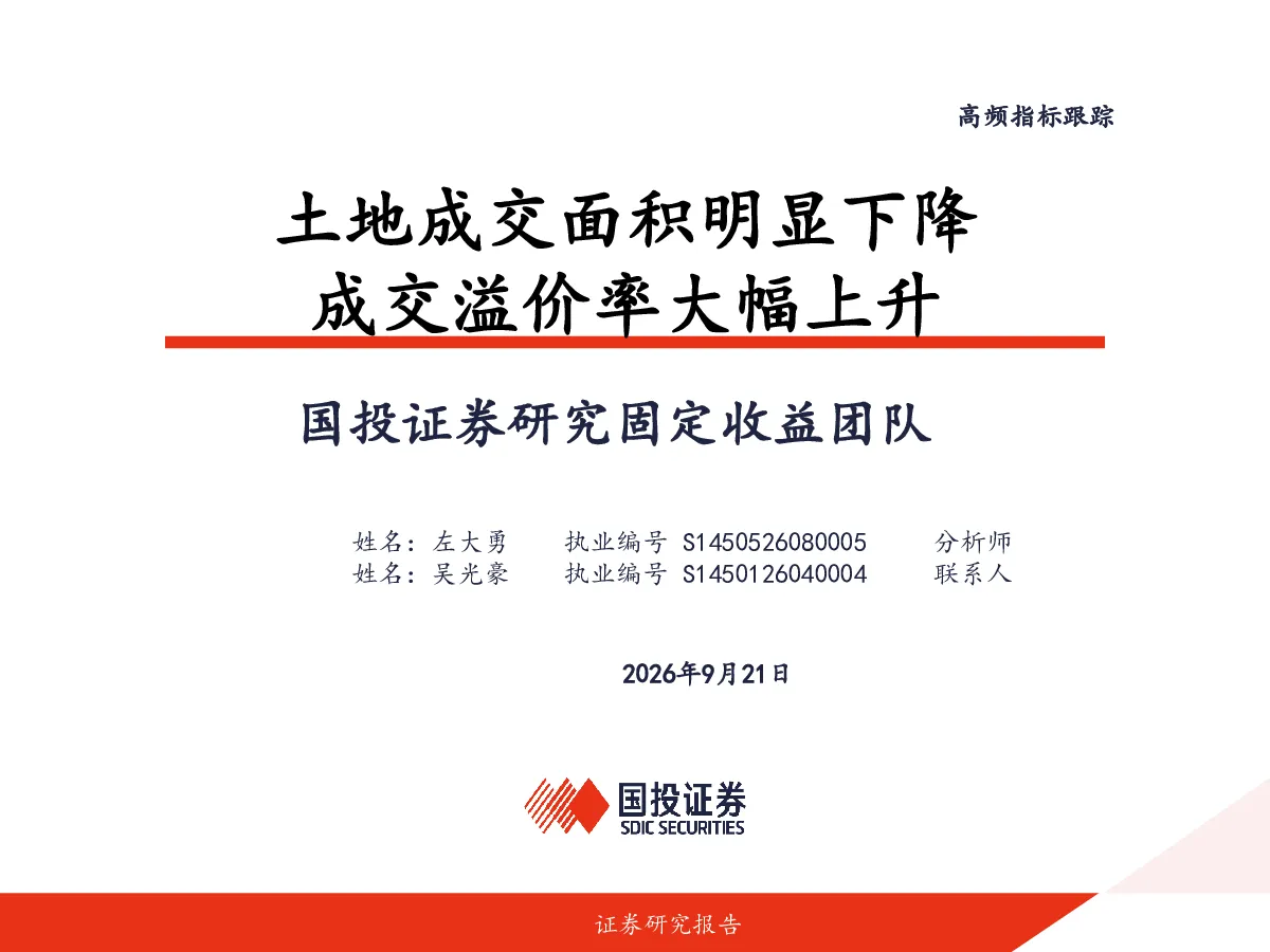 高频指标跟踪：土地成交面积明显下降，成交溢价率大幅上升