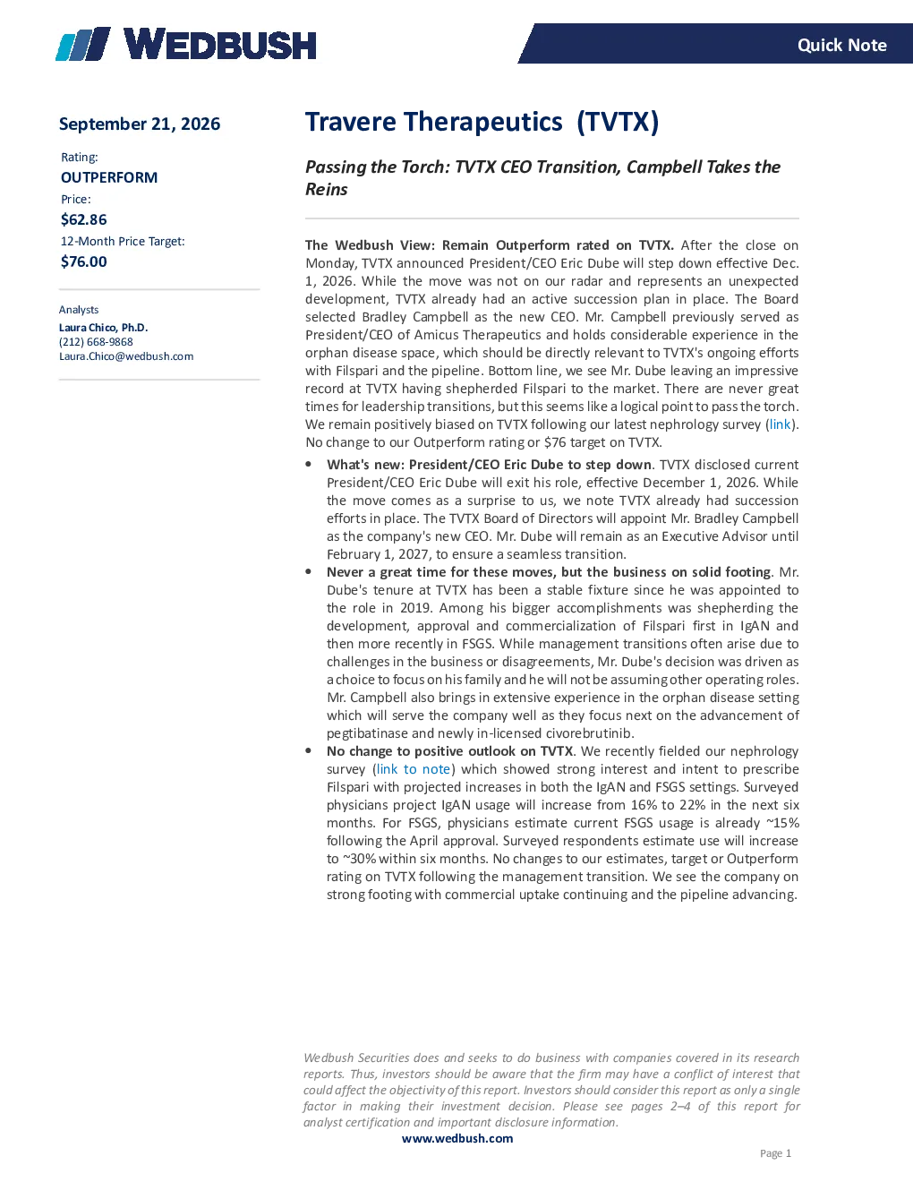 Travere Therapeutics：CEO交棒，Campbell接任