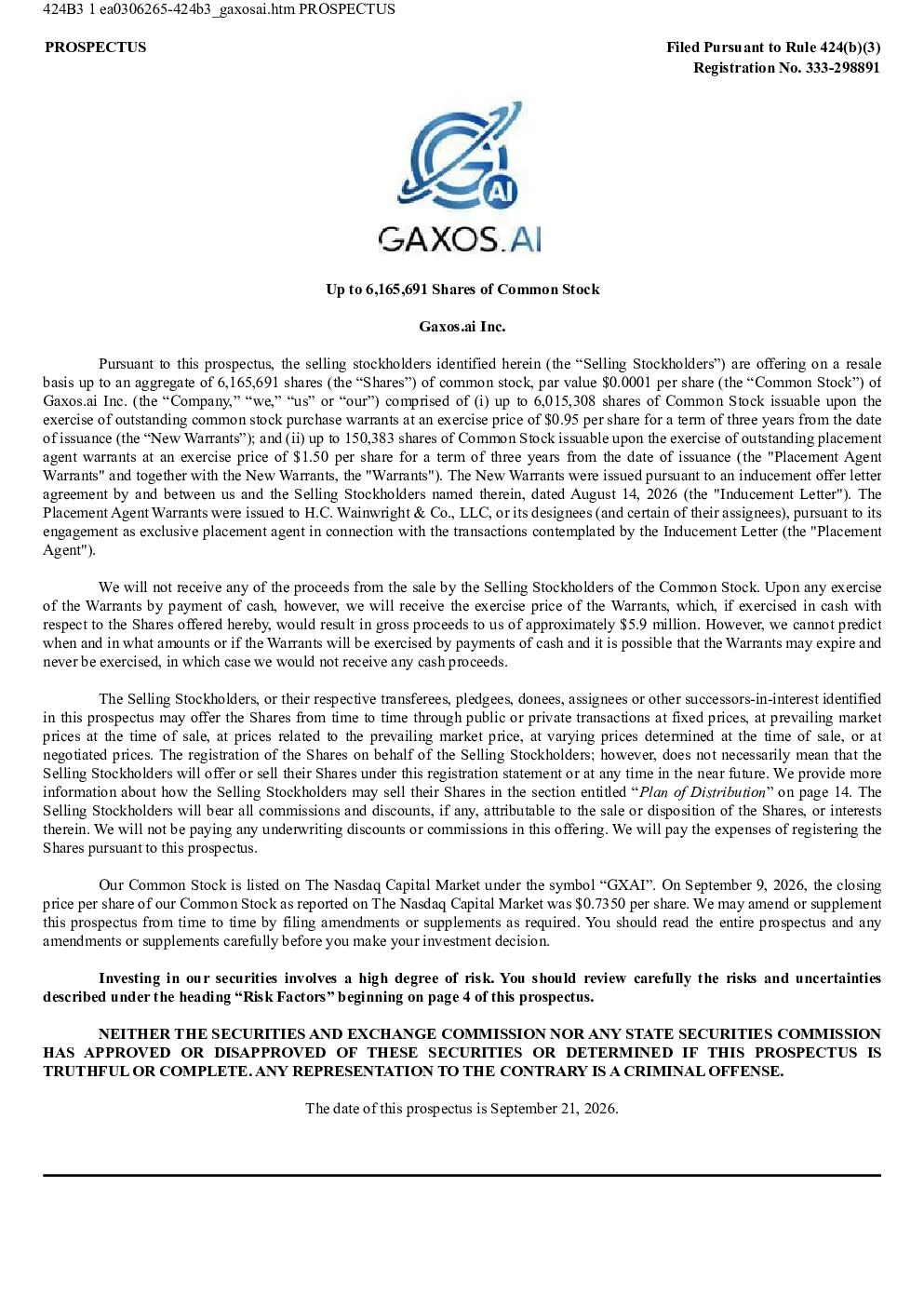 Gaxos.AI Inc美股招股说明书(2026-09-22版)