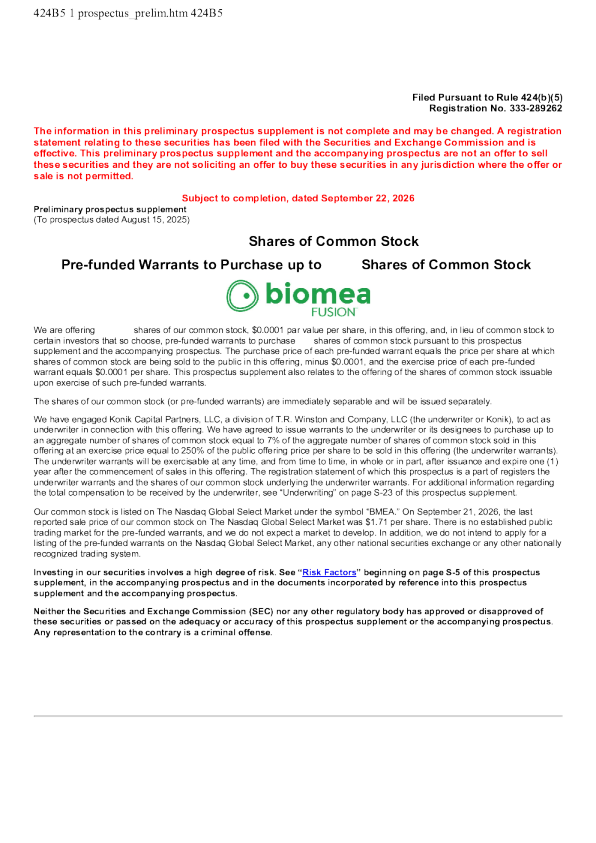 Biomea Fusion Inc美股招股说明书(2026-09-22版)
