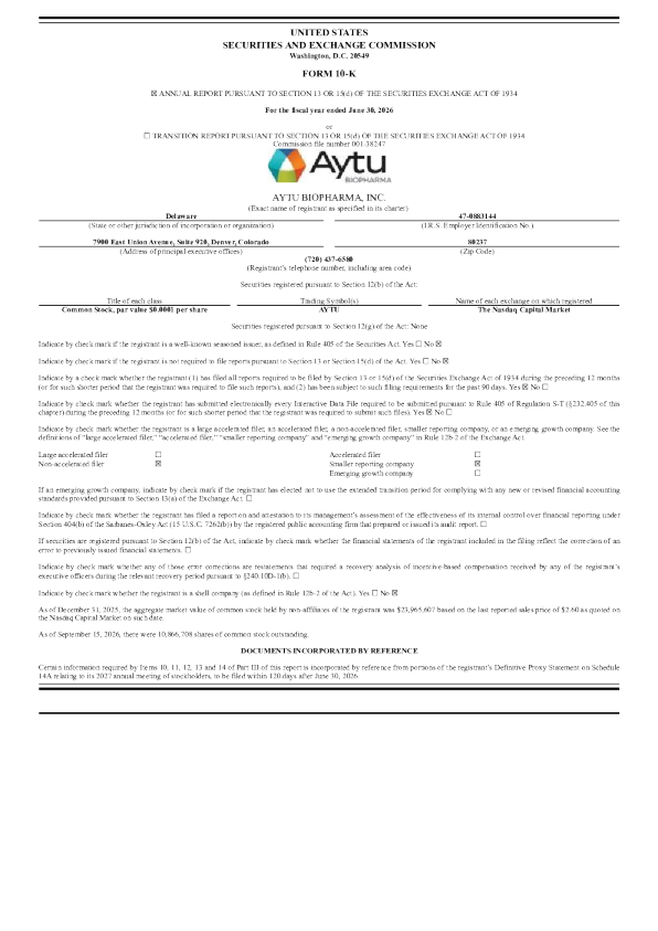 Aytu BioPharma Inc 2025年度报告