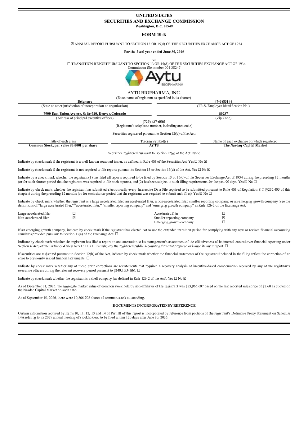 Aytu BioPharma Inc 2025年度报告