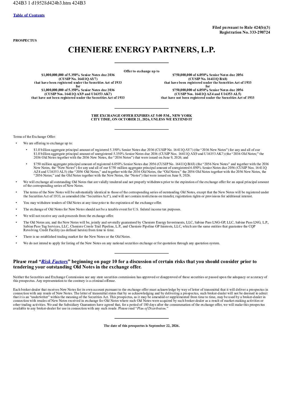 
 Cheniere Energy Partners L.P.美国存托凭证招股说明书（2026年9月22日版）