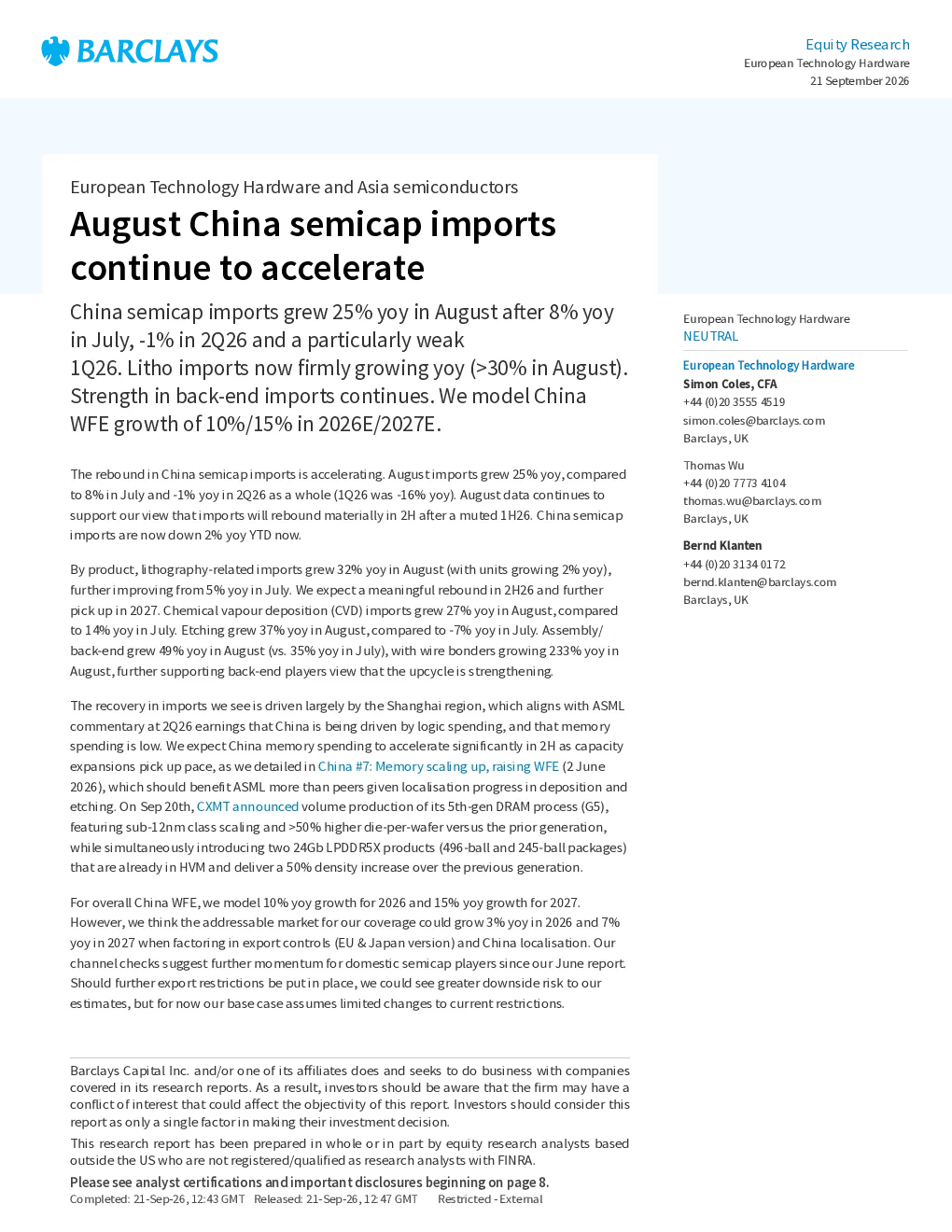欧洲科技硬件与亚洲半导体：8月中国半导体设备进口继续加速