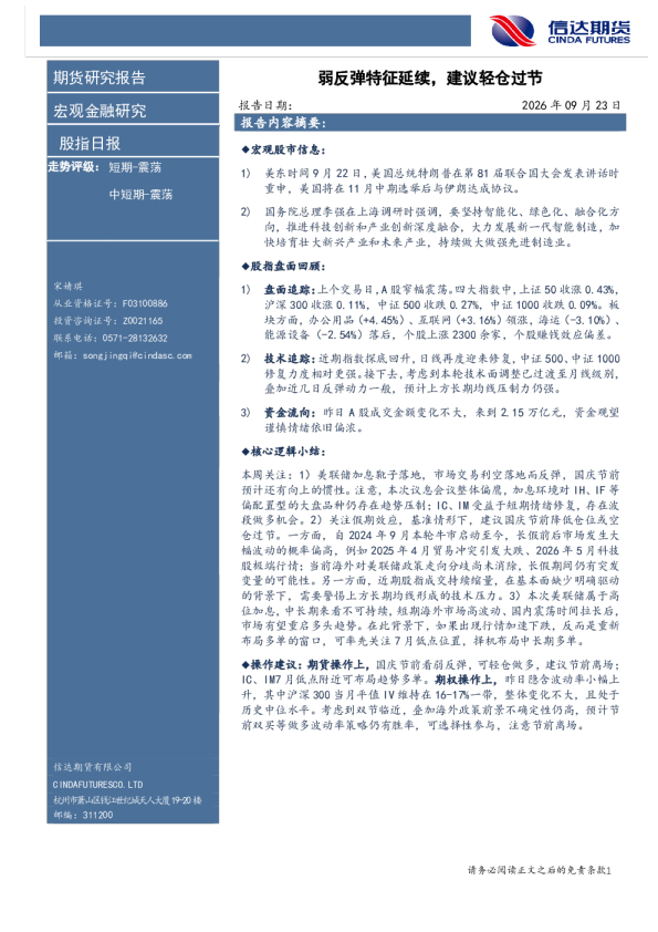 股指日报：弱反弹特征延续，建议轻仓过节