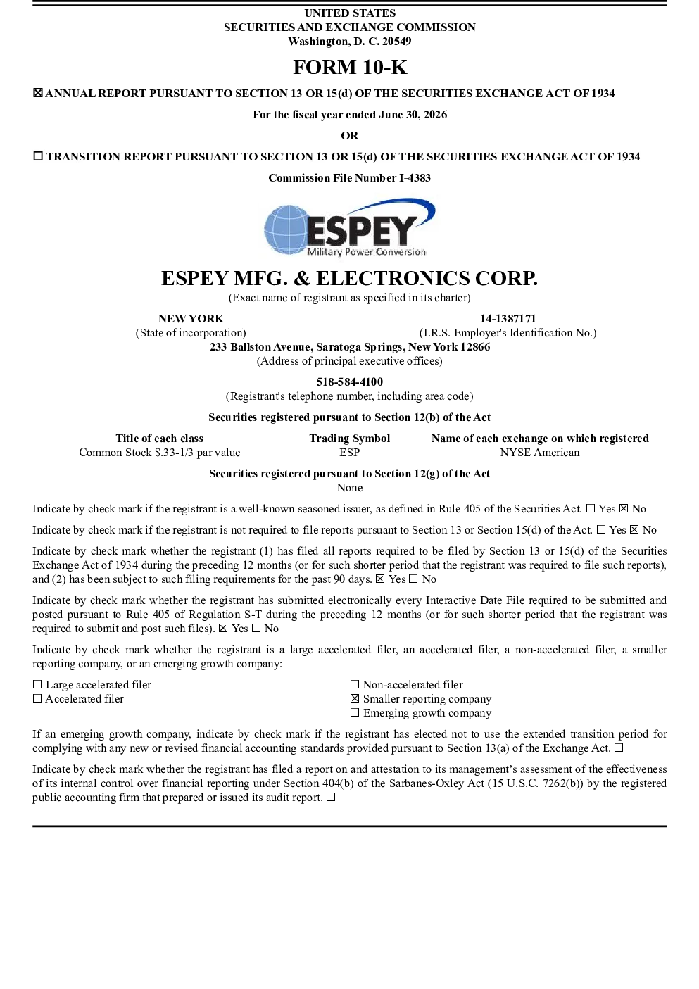 
Espey Manufacturing & Electronics Corporation 2025年度报告